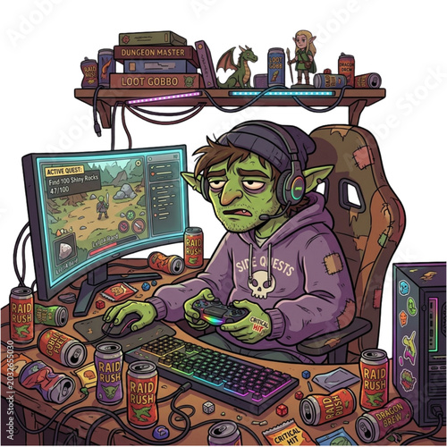 Exhausted green character gaming intensely on a messy desk, surrounded by empty cans and wrappers, depicting the demanding life of an avid virtual player