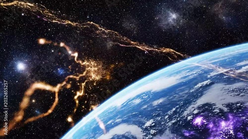 View of earth from space with glowing golden aurora-like streams and purple energy over planet, starry galaxy background