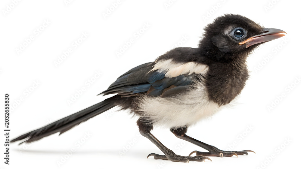 Fototapeta premium Adorable Baby Magpie With Long Tail Bright Eyes 