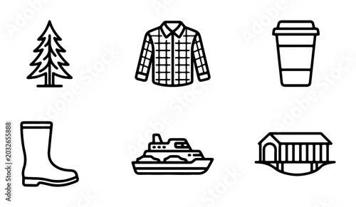 Outdoor Adventure Icons: Tree, Flannel Shirt, Coffee Cup, Boot, Boat, Covered Bridge Vector Set