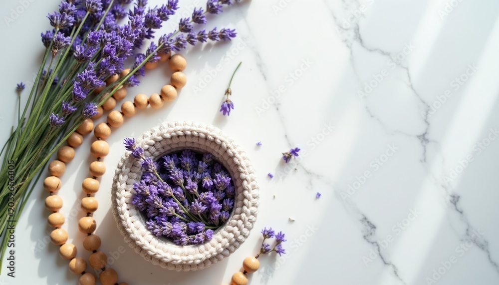 Fototapeta premium Crocheted bowl holds lavender sprigs near wood beads on marble surface. Top view composition suggests calm, wellness, spa, and natural craft. Peaceful atmosphere.