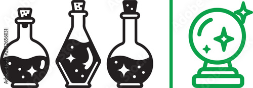 Bild auf Leinwand Magic potion bottles and crystal ball vector icon set with sparkling liquid and