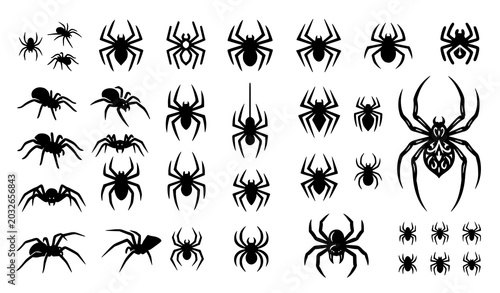 Cuadro en lienzo Minimal Black Spider Vector Set with Creepy Arachnid Silhouettes and Halloween S