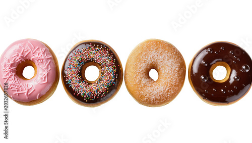 Four assorted donuts with pink frosting chocolate frosting and sprinkles sugar coated, and chocolate glaze