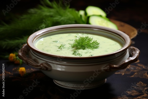 Chilled cucumber dill soup serving in a rustic bowl with fresh ingredients