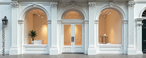 Elegant white boutique exterior facade features arched windows and glass doors. Interior showcases minimalist display with plants and decor. Architectural details add classic charm to the storefront.
