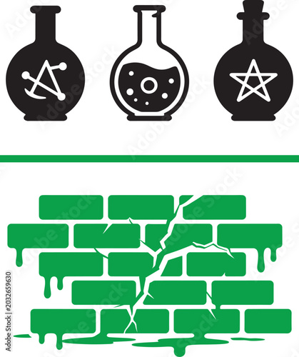 Canvas Print Magic potion bottles with mystical symbols and cracked green brick wall vector i