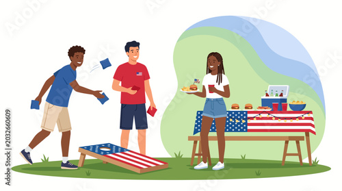 Fotografía Friends playing cornhole at a patriotic summer picnic outdoors.