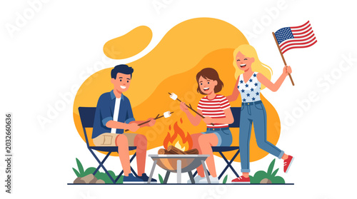 Foto Friends enjoying a patriotic backyard campfire roasting marshmallows together