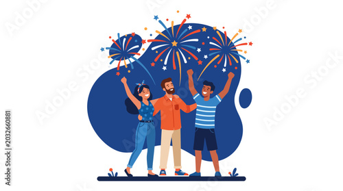 Quadro su tela Three friends celebrating with fireworks at night in joyful scene