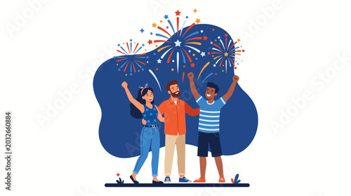 Quadro em tela Diverse friends celebrating outdoors with fireworks illustration.