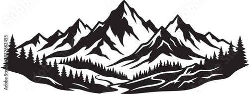 Graphic silhouette of a mountain landscape with pine trees and river black and white mountain silhouette landscape wilderness majestic