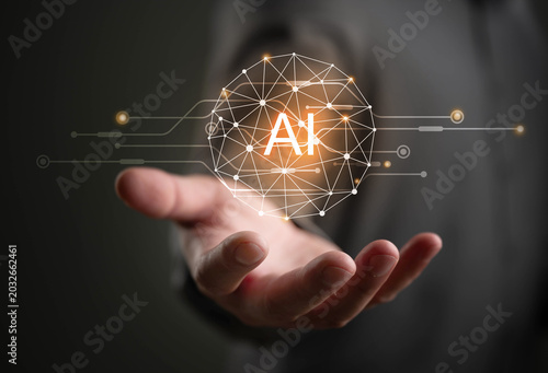 Business man holding  AI glowing digital quality excellence of high technology marketting concept
