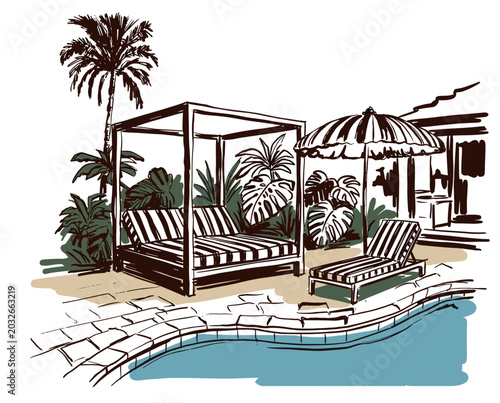 Obraz na plátně Tropical resort illustration, luxury pool cabana, poolside lounge chair, palm tr