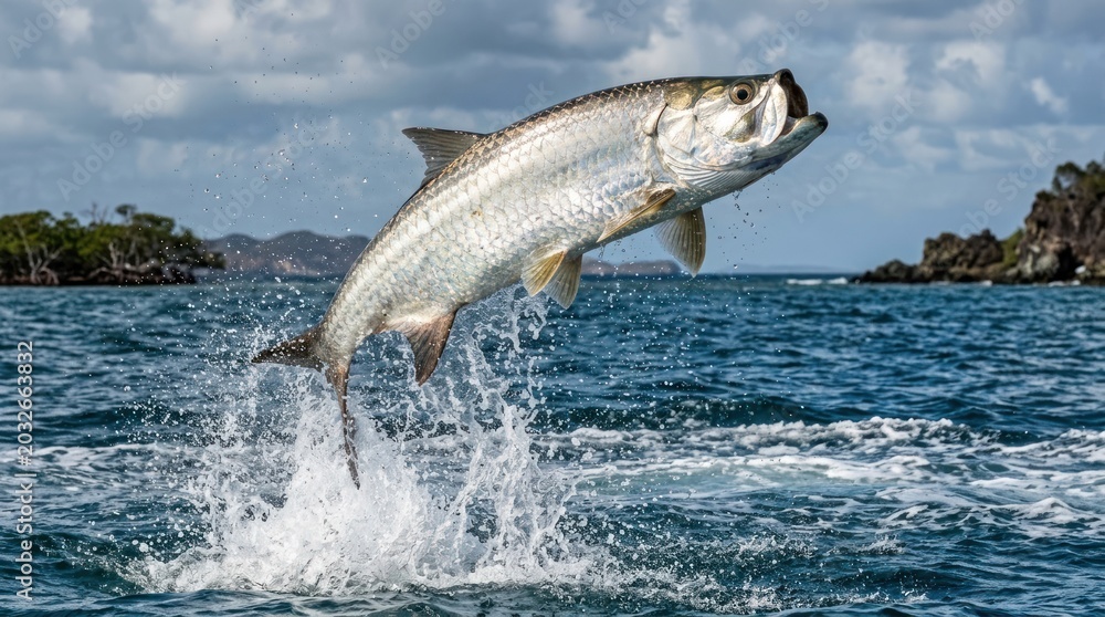 Obraz premium A tarpon fish leaping out of the water with a backdrop of islands and mountains.