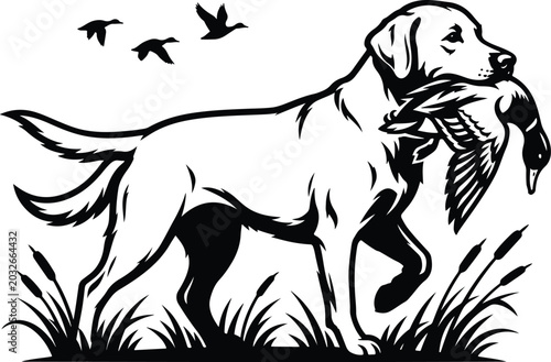 Labrador retriever hunting dog holding a wild duck in its mouth with flying birds in the sky and grass on the ground in a black and white ink drawing style Vector
