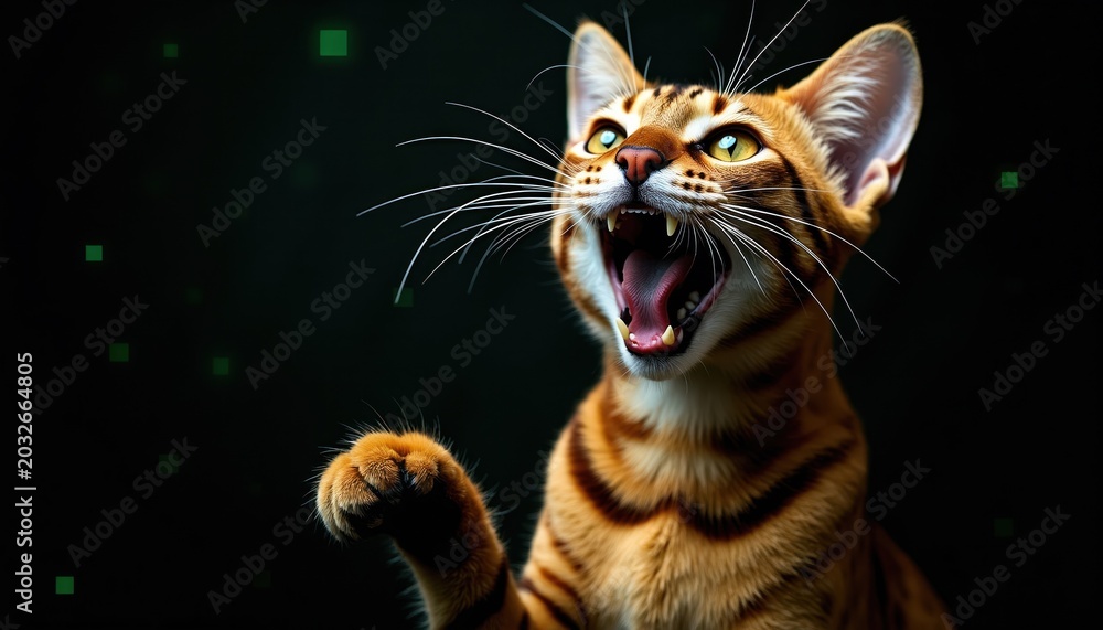 Naklejka premium Bengal cat with striped fur and sharp teeth lets out a loud hiss. Feline animal has intense eyes and raised paw. Domestic predator displays wild nature against dark background with green squares.