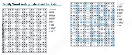 Family Word seek puzzle sheet for Kids