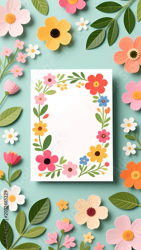 Vivid flowers in various shapes and sizes adorn a blank card sitting against a soothing blue backdrop, inviting creativity for any occasion like birthdays or thank you notes Generative AI