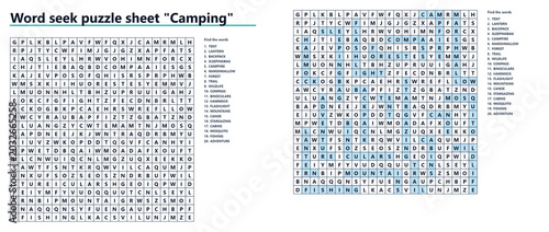 Canvastavla Word search puzzle sheet Camping with various camping-themed words