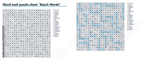 Word seek puzzle sheet Beach Words, with answers