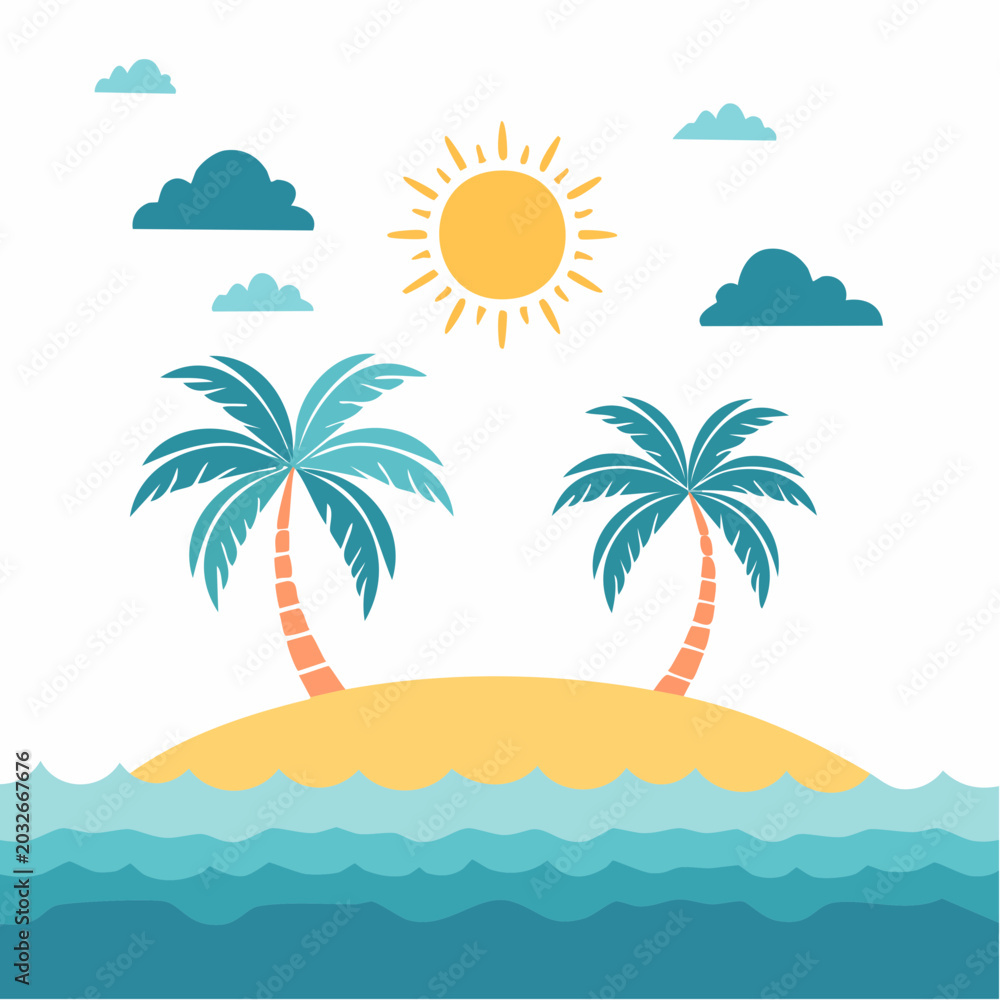 Fototapeta premium Tropical Island Paradise with Palm Trees, Sun, and Clouds