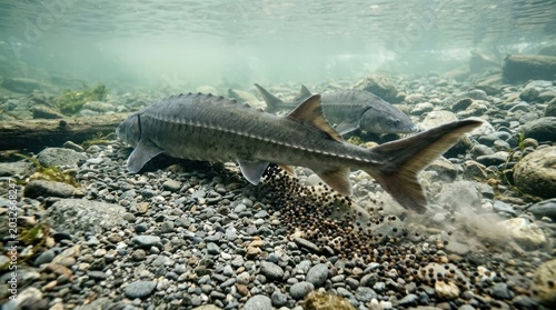 Two sturgeon swimming in a river with gravel and rocks.