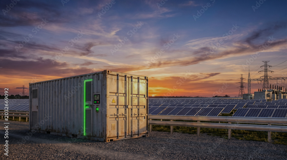 Obraz premium Renewable Energy Battery Storage System with Solar Farm Infrastructure