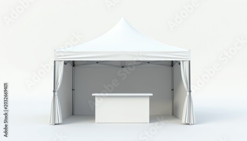 White pop up event tent with table for promotions. Portable shelter for trade shows outdoor markets. Ready for custom branding, product display.