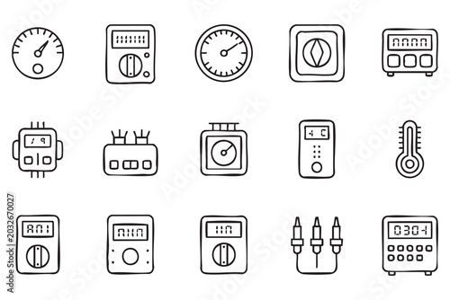 Fotografie Electrical meter line icon set for voltage gauge, power monitoring and energy me