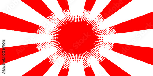 An abstract vector illustration of a red sunburst background featuring circular sun rays and a round star shape, perfect as a Japan flag symbol, banner decoration, or modern design element