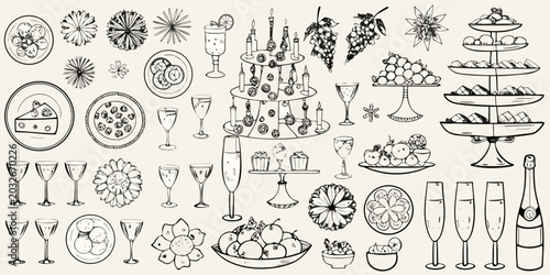 Foto detailed black and white line art illustration of wine glasses food and celebrat