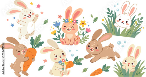Cute Easter Bunny Vector Character Collection Featuring Playful Rabbits Peeking from Grass, Holding Large Carrots, and Wearing Spring Flower Crowns