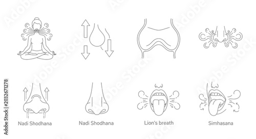 Foto Yoga Breathing Exercises Icons: Nadi Shodhana, Lion's Breath, Simhasana