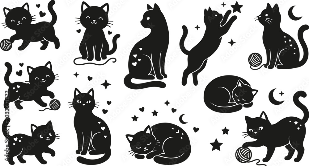 Obraz premium Cute Magic Black Cat Silhouette Vector Set with Celestial Moon Stars and Yarn Ball Elements for Mystical and Playful Pet Designs