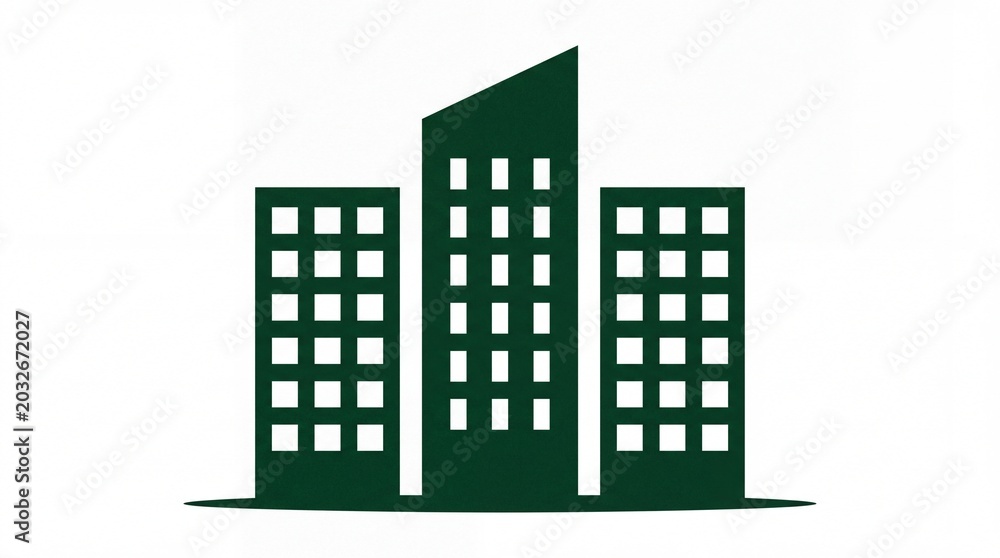 Fototapeta premium Green silhouette of three modern office buildings arranged in a row displayed on white background