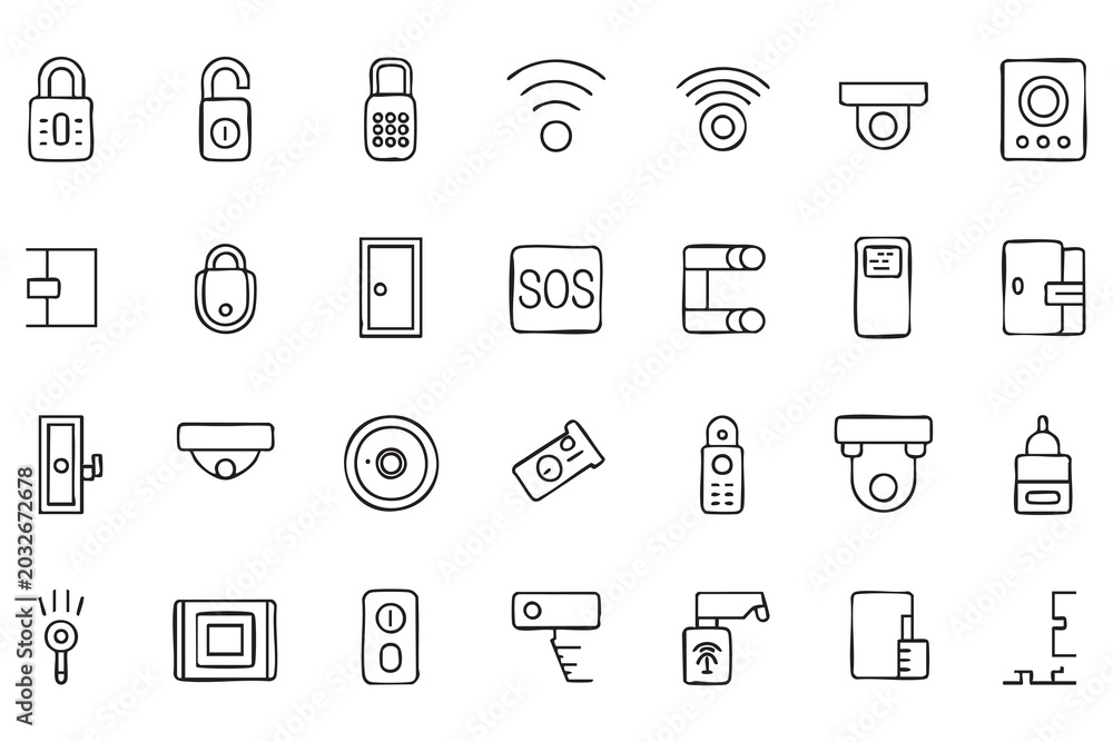 Fototapeta premium Vector CCTV Camera and Door Lock Icons for Safety Technology