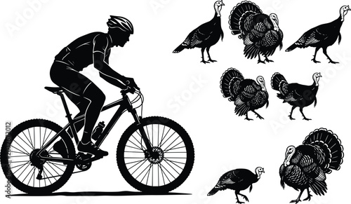 Bild auf Leinwand Black and white vector illustration set containing a mountain bike rider silhoue