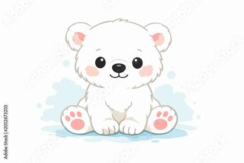 Cute Happy White Polar Bear Cub Sitting Front View with Gentle Expression in Watercolor Illustration. Adorable Baby Animal Character for Nursery Decor, Greeting Cards, and Children's Art Design.