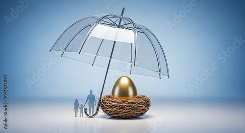 Golden egg in a woven nest under a transparent umbrella with silhouettes of a family standing nearby