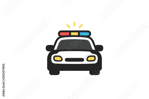 Front view of a police car icon vector illustration isolated on white background. Minimalist black and white patrol vehicle with emergency siren light bar for law enforcement and security concepts.