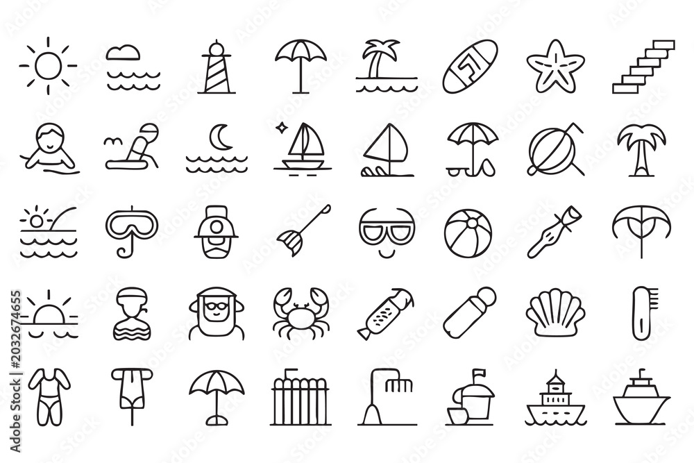 Naklejka premium Summer Beach Line Icons for Vacation, Travel, and Tourism Design