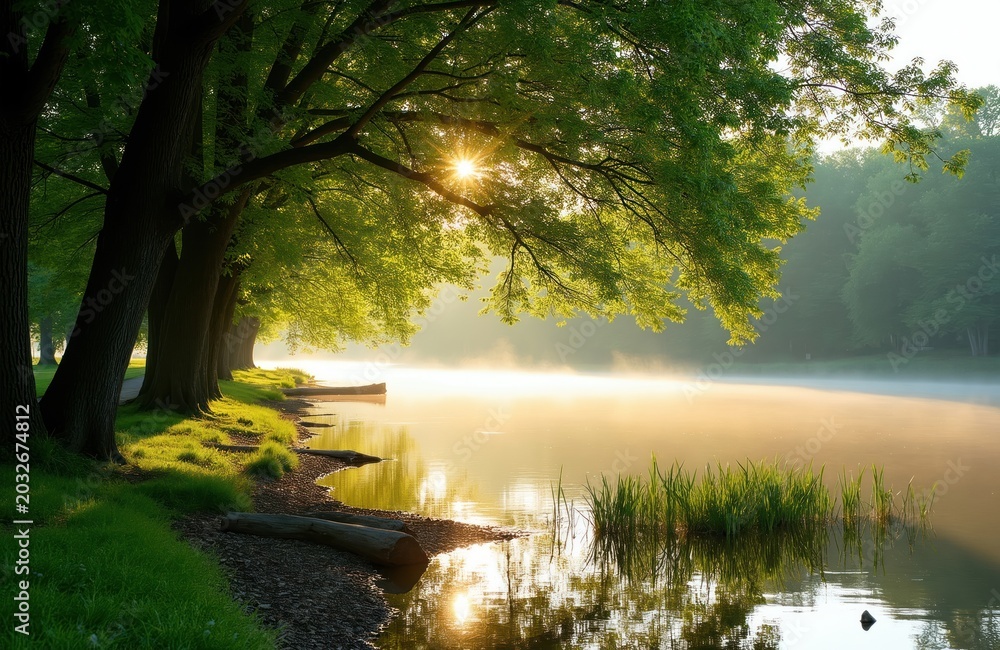 Obraz premium Sun shines through green tree branches over calm water. Morning mist floats on lake surface. Peaceful nature scene with grassy shore and forest background. Serene landscape reflection in water.