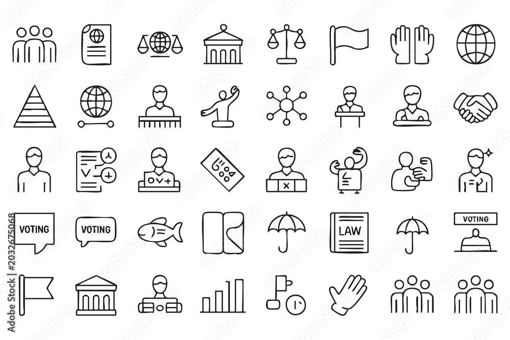Fototapeta premium Vector Civic Icon Set with Parliament, Justice Scale, Flag, Globe, and Podium Symbols