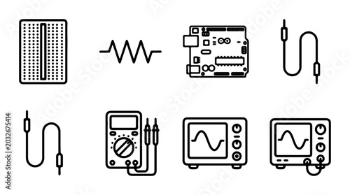 Bild auf Leinwand Electronics Icons: Breadboard, Resistor, Microcontroller, Oscilloscope, Multimet