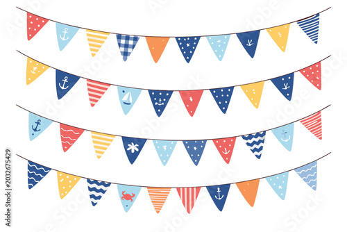 Nautical Bunting Flags Set with Anchors, Sailboats, Waves, and Stripes. Triangular Pennant Garlands for Marine Themed Party Decoration, Baby Shower, or Birthday. Hand Drawn Vector Illustration.