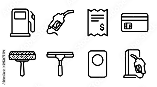 Fotografie Gas Station Icons, Fuel Pump, Credit Card, Receipt, Car Wash Tools, Vector Set