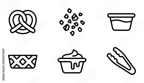 Foto Food Icons Set: Pretzel, Crumbles, Dip, Tongs, Pie, Sauce Vector Graphics