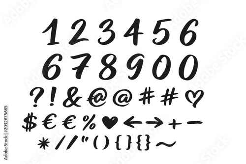 Vector Set of Calligraphic Hand Written Ink Numbers and Signs. Hand Drawn Brush Lettering Numerals 0-9, Punctuation Marks, Currency Symbols, Arrows, and Math Icons for Creative Graphic Design
