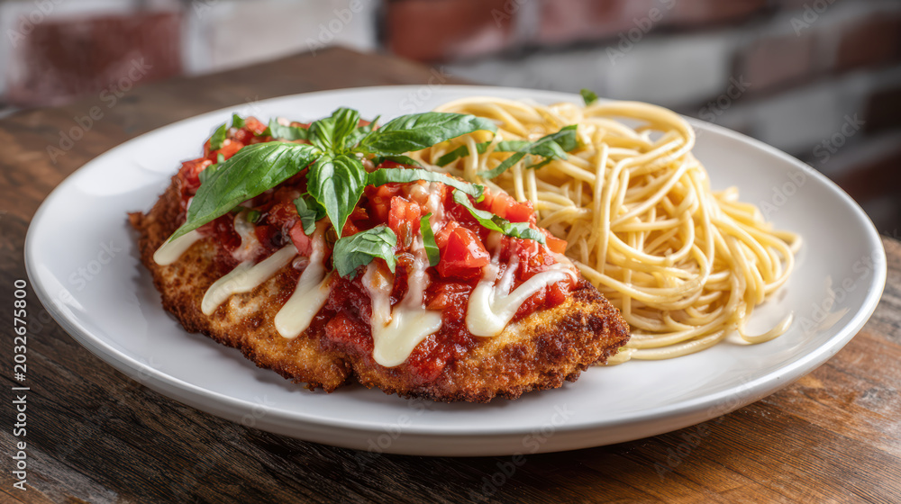 Fototapeta premium chicken parmigiana dish with breaded chicken and tomato sauce